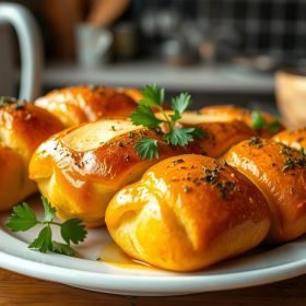 A warm, golden tray of Hawaiian Roll Garlic Bread, with soft, fluffy rolls generously coated in garlic butter and sprinkled with fresh herbs.