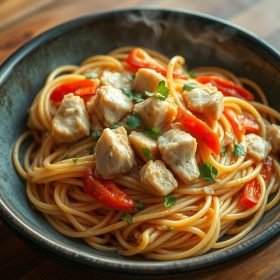 easy homemade Chicken Spaghetti Recipe that combines tender chicken