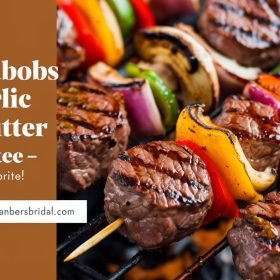 Delicious steak kabobs with garlic butter recipe garnished with fresh parsley and served with rice.