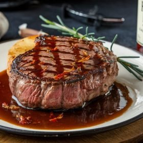 A gourmet dinner setting featuring Steak with Haunted Bourbon Garlic Cream Sauce, paired with mashed potatoes and a glass of red wine for a luxurious meal.