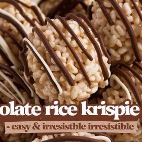 Rustic chocolate rice Krispie balls served on a wooden board with a side of chocolate sauce for dipping