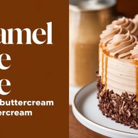 Delicious caramel latte cake with coffee buttercream frosting beautifully plated on a dessert tray.