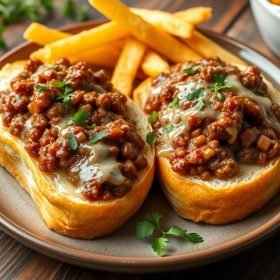 A mouthwatering Garlic Bread Sloppy Joes, with savory, juicy ground beef piled high on crispy, buttery garlic bread, garnished with fresh herbs.
