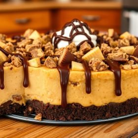 A decadent slice of Reese's Peanut Butter Cup Pie, featuring a creamy peanut butter filling, topped with chunks of Reese's cups and a chocolate drizzle.