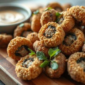 A plate of Crispy Fried Mushrooms with perfectly golden, crunchy coating, served with a side of creamy dipping sauce and garnished with parsley.