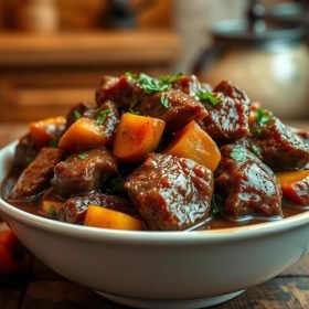 No Peek Beef Tips served in a rich, savory gravy with tender chunks of beef, garnished with fresh parsley and paired with fluffy white rice.