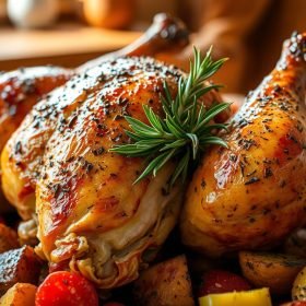 Crispy Oven Roasted Leg Quarters with golden-brown skin, garnished with fresh rosemary and served on a rustic wooden platter.