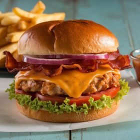 Juicy honey BBQ bacon chicken burger topped with crispy bacon and melted cheese.
