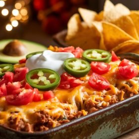 A hearty portion of Walking Taco Casserole is plated with a side of crunchy corn chips, topped with fresh avocado, diced tomatoes, and jalapeños, inviting you to dig in.