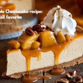 Bite-sized caramel apple cheesecake bars with a drizzle of caramel and powdered sugar