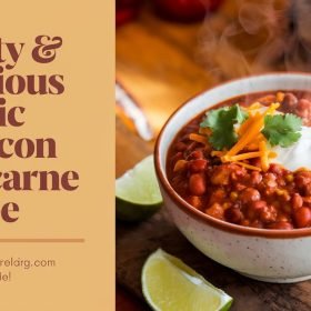Comforting classic chili con carne recipe paired with a slice of warm buttered cornbread.