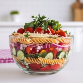 “Vibrant layered pasta salad recipe featuring rotini pasta, bell peppers, and olives.”