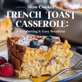 Sweet and delicious slow cooker French toast casserole ready to serve at a holiday brunch.