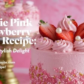 Barbie pink strawberry cake served on a pastel-themed dessert table for a birthday celebration.