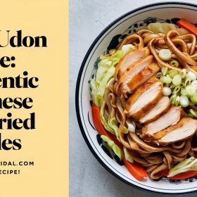 Steaming bowl of yaki udon recipe served with a side of pickled ginger.