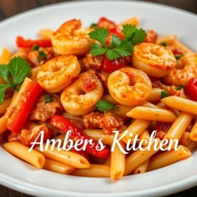 A plate of Cajun pasta with chicken, sausage, and a rich, spicy cream sauce, surrounded by fresh vegetables and a sprinkle of Cajun seasoning, served on a wooden table with a glass of white wine.
