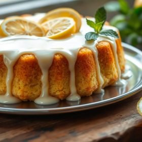 4-Ingredient Lemon Cream Cheese Dump Cake: A close-up of a golden, fluffy lemon dump cake with a creamy cream cheese topping. The cake has a slight crumble on top, revealing a soft and moist interior. A few fresh lemon slices and mint leaves are placed for garnish, highlighting the tangy flavor.