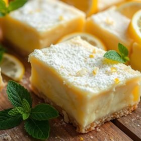 A tray of freshly baked Lemon Cream Cheese Squares, featuring a golden crust topped with a creamy lemon-cheese layer and dusted with powdered sugar.