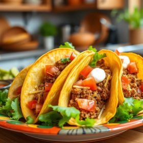 Oven Baked Tacos filled with seasoned beef, melted cheese, and fresh toppings, served on a rustic plate, ready to be enjoyed.