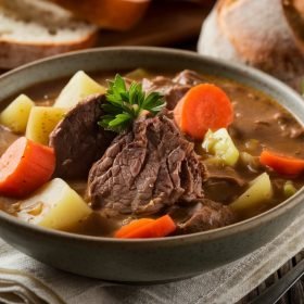 A steaming bowl of old fashioned beef stew filled with tender beef, potatoes, carrots, and celery in a rich broth, served on a rustic wooden table.