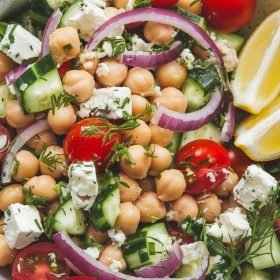 Vibrant chickpea salad with a mix of crunchy vegetables and zesty spices.