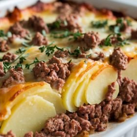 Hearty Hobo Casserole Ground Beef served in a rustic casserole dish with tender ground beef, potatoes, and vegetables.