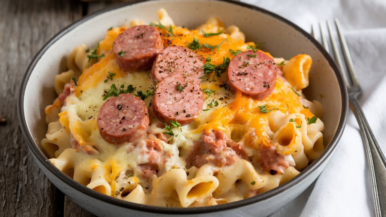 raditional Crockpot Pierogi Casserole with Kielbasa served hot, with a rich tomato-based sauce and melty cheese.