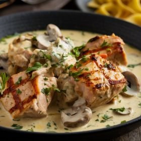 Hearty Chicken Mushroom Stroganoff with tender chicken, sautéed mushrooms, and a rich, creamy sauce.
