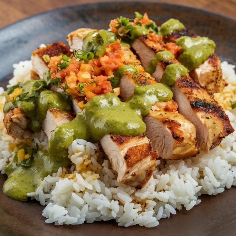 Traditional Peruvian Chicken and Rice with Green Sauce with tender grilled chicken, fluffy rice, and a tangy, herb-infused green sauce