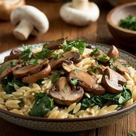 Delicious spinach mushroom orzo with tender mushrooms and fresh spinach tossed in a light garlic cream sauce