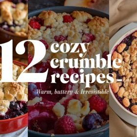 Close-up of crumble recipes showcasing vibrant mixed berries under a crunchy, cinnamon-infused streusel topping